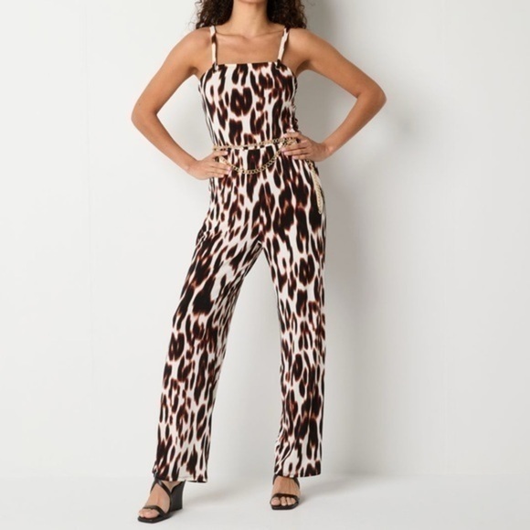 Bold Element Brown and Black Leopard Print Sleeveless Jumpsuit Chain Belt - Picture 1 of 16